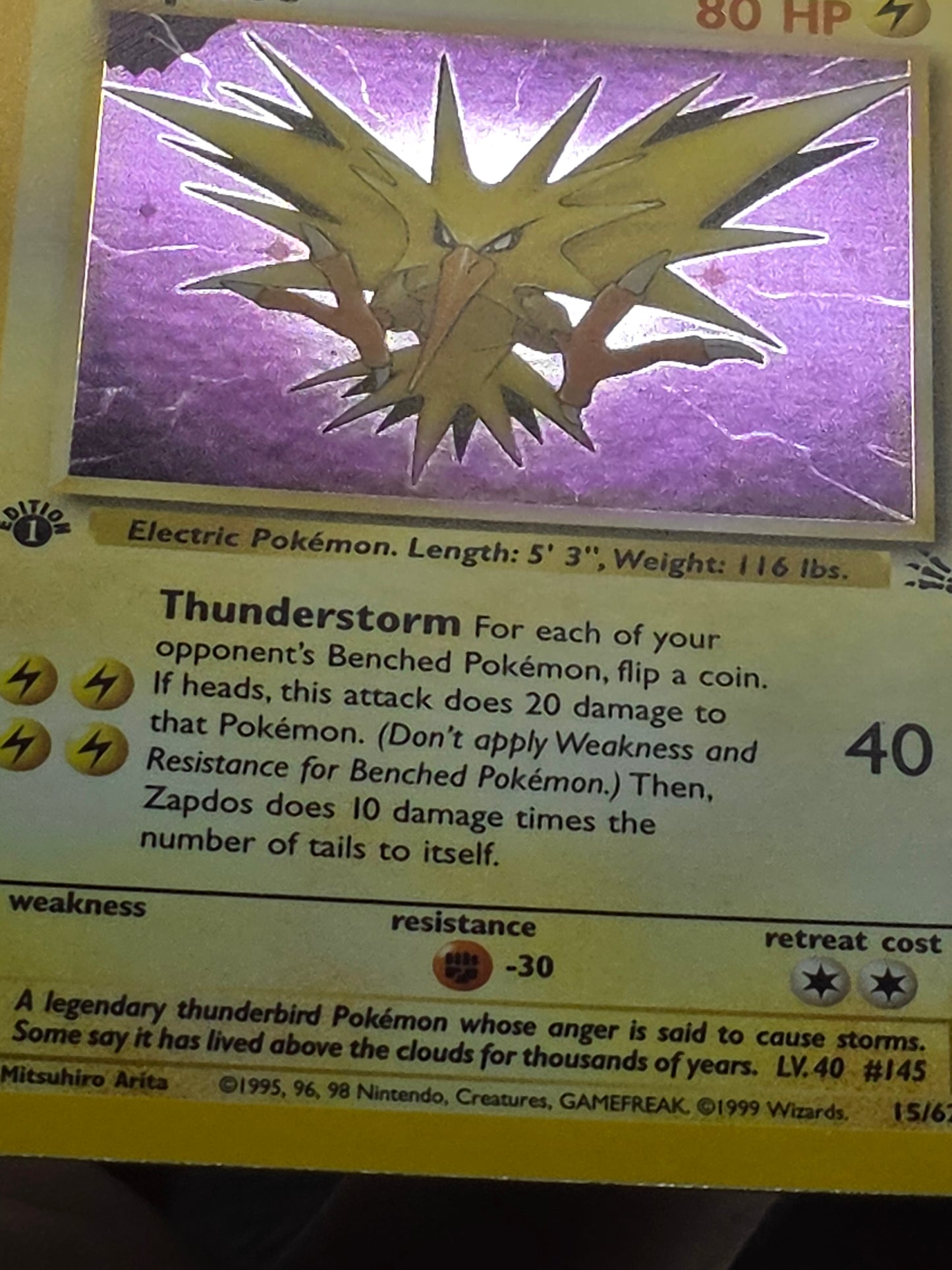 Zapdos 15/62 Fossil 1st Edition Holo Rare 1995 Pokemon Card 15/62 NM