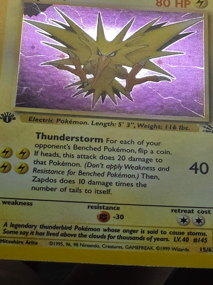 Zapdos 15/62 Fossil 1st Edition Holo Rare 1995 Pokemon Card 15/62 NM