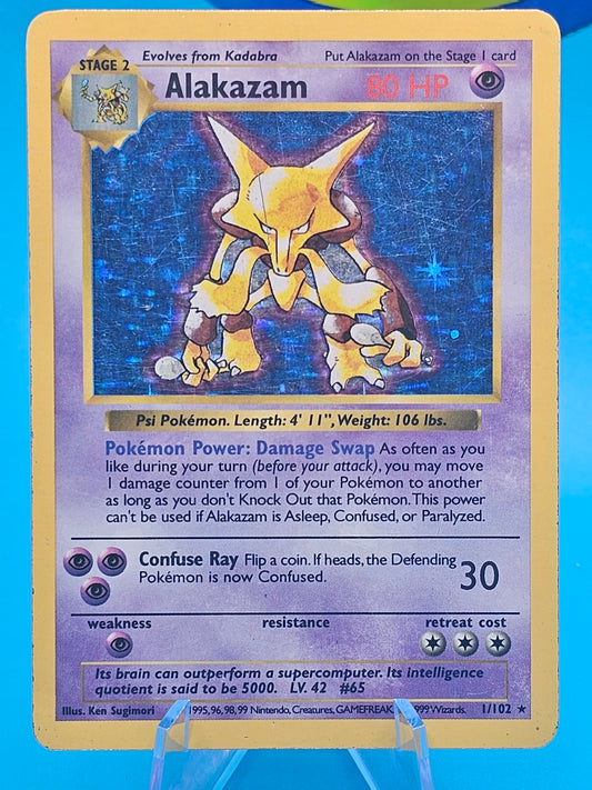 Shadowless Alakazam 1/102 Base Set Pokemon Card Holo Foil Rare MP 1/102