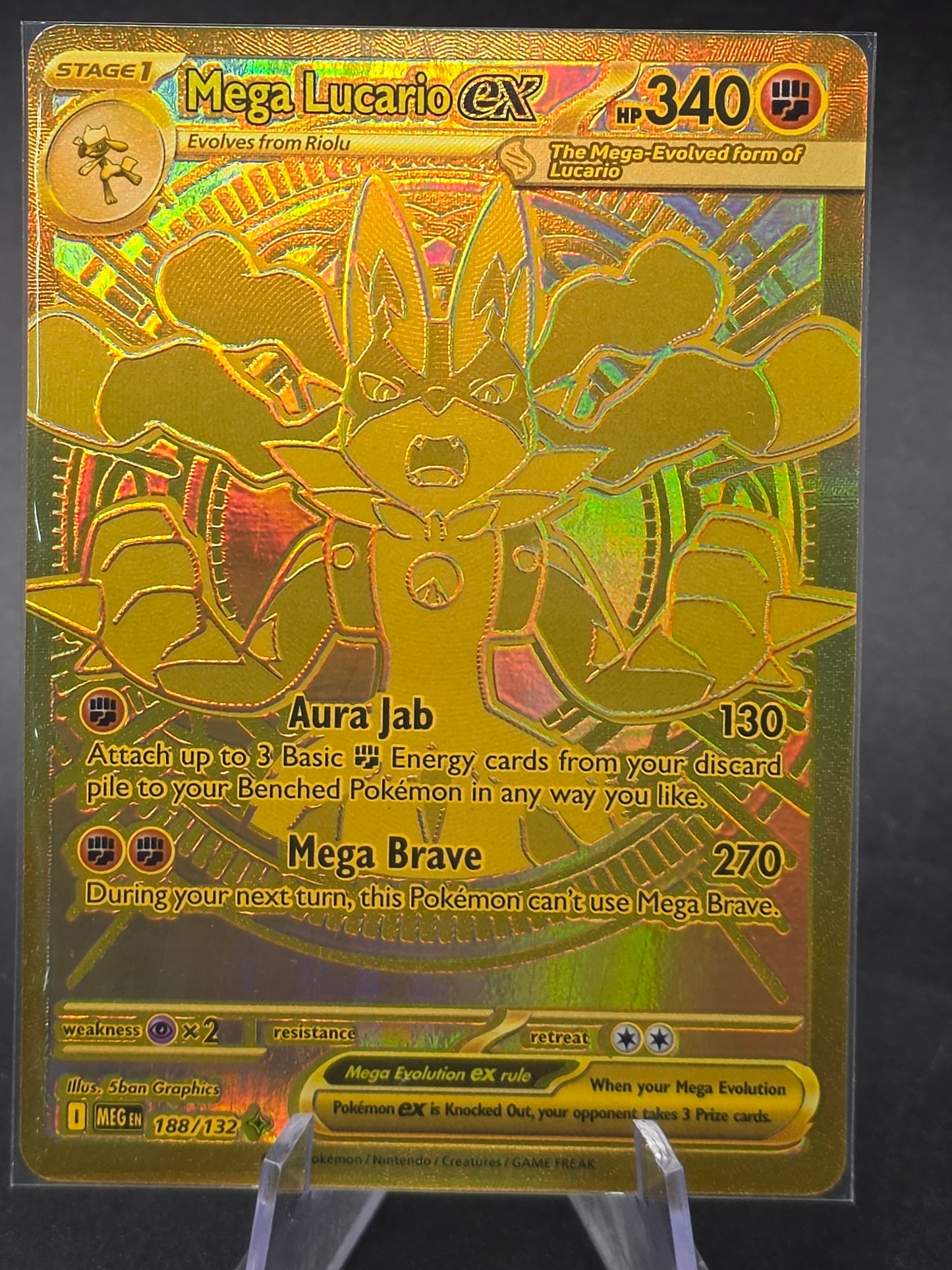 2025 Mega Lucario EX 188/132 Hyper Rare Gold Mega Evolutions Pokemon Card NM