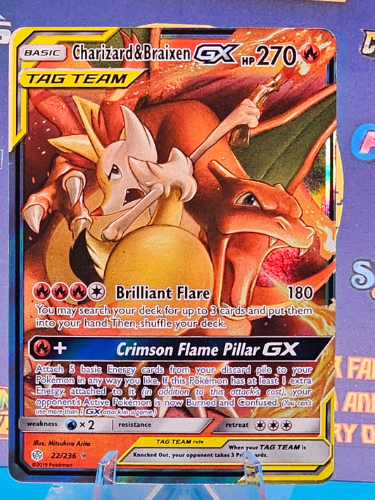 CHARIZARD & BRAIXEN GX 22/236 POKEMON COSMIC ECLIPSE HOLO RARE Mint