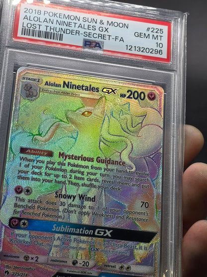 2018 PSA 10 Pokemon Lost Thunder Alolan Ninetales GX 225/214 Rainbow Hyper Card #225